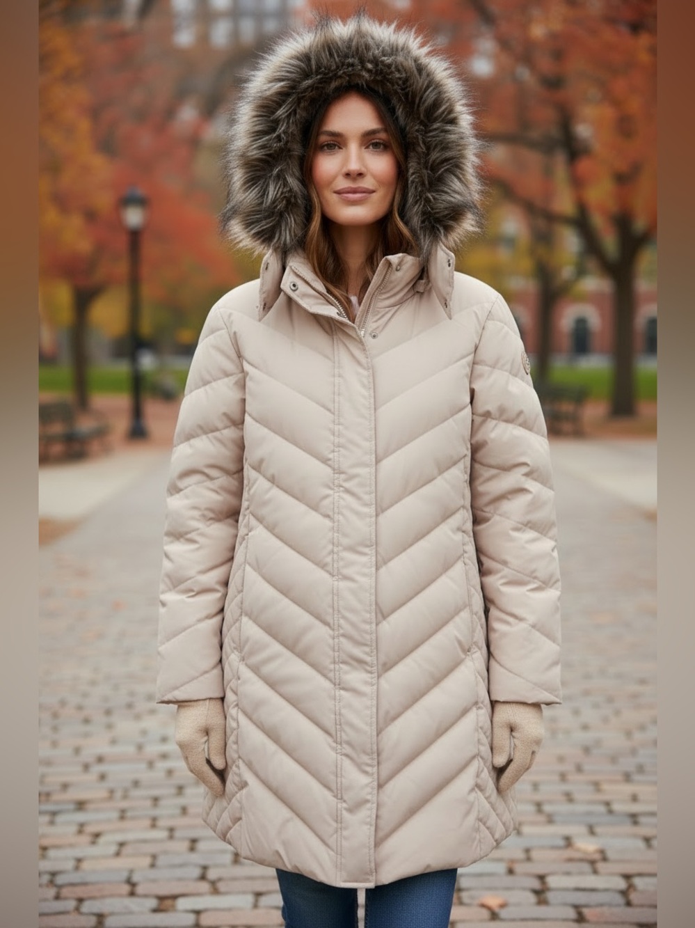 90s KENNETH COLE CREAM PUFFER COAT W BROWN FAUX FUR EDGED REMOVABLE HOOD SZ XL
